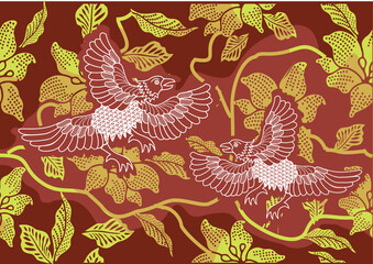 Indonesian batik motif with a very distinctive flora and fauna pattern, Vector


