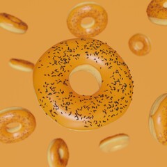 Orange halloween donut's with black sprinkles falling down on orange background