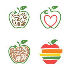 set of health food symbols. apple symbol with arrow line and leaf, fork, heart, vegetarian food set of icons