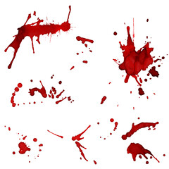 Set of bloody red blots or splashes, watercolor painting
