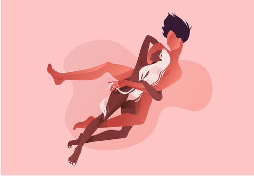 Beautiful romantic couple together cuddling after sex. Intimate or sexual relationship of young man and woman. Pale pastel colours vector illustration in flat style.