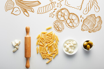 Flat lay with garlic, rolling pin, pasta and bowls with olives and mozzarella on white background, food illustration