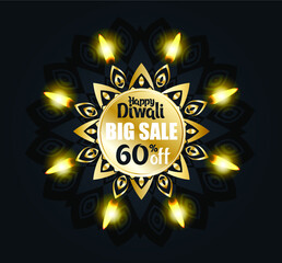 Vector illustration. traditional celebration of happy diwali. Deepavali light and fire festival. black gold luxury style for indian holiday diwali design frame. Sanskrit translation: Diwali.