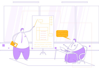Business coaching. Two characters in the office during business training. Flat line vector illustration.