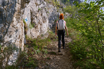 Naklejka na ściany i meble Hiker on mountain trail