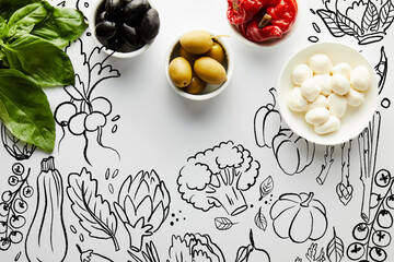 Top view of basil leaves and bowls with ingredients on white, food illustration