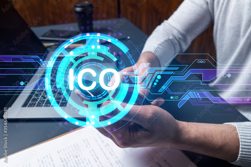 Poster man using phone. hands typing smartphone. double exposure with ico hologram. close up. financial gra