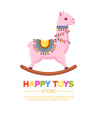 Kid's toys store emblem with pink lama. Vector colorful illustration of rocking toy for children