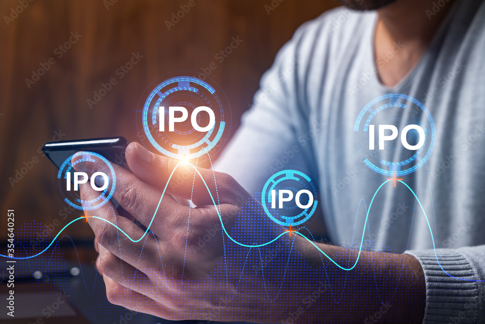 Poster man using phone. hands typing smartphone. double exposure with ipo hologram. close up. financial gra