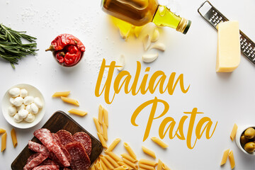 Fototapeta na wymiar Top view of bottle of olive oil, meat platter, grater, pasta and ingredients on white, italian pasta illustration