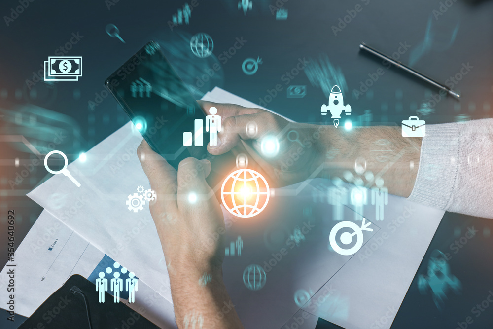 Poster man using phone. hands typing smartphone. double exposure with business icons hologram. close up. re