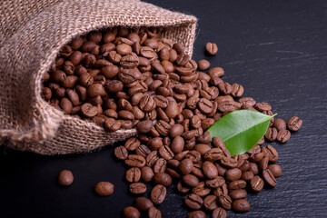 Coffee beans in a  canvas bag