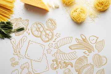 Top view of rosemary, garlic, cheese and pasta on white background, food illustration