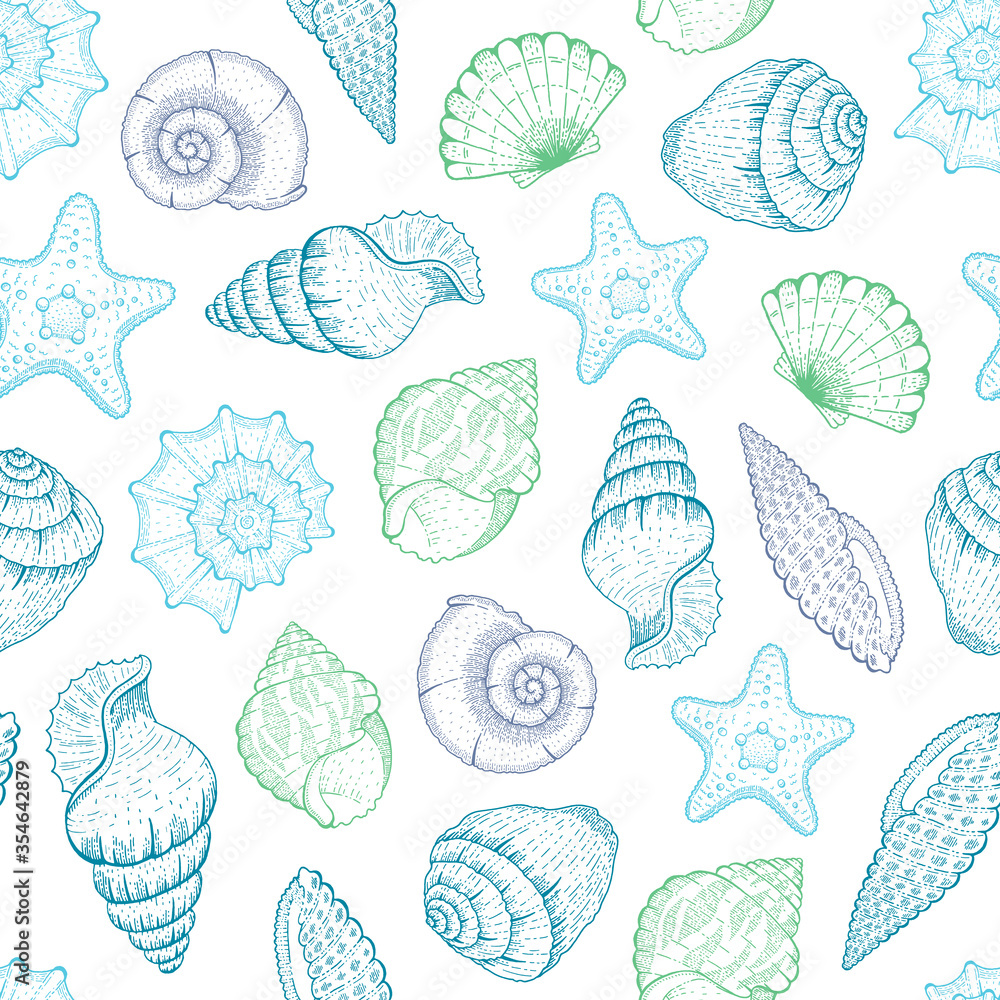 Wall mural sea shell pattern. seashell seamless vector background. ocean beach illustration with sketch starfis