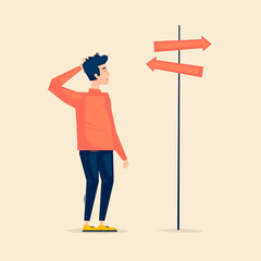 Man makes a choice.  Flat illustration in cartoon style. Vector.