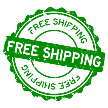 Grunge green free shipping word round rubber seal stamp on white background