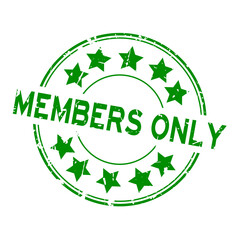 Grunge green members only word with star icon rubber seal stamp on white background