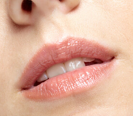 Obraz premium Closeup macro portrait of female part of face. Human woman lips with day beauty makeup