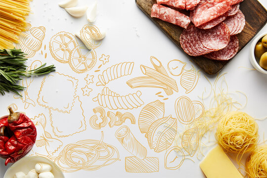 Top View Of Meat Platter, Pasta And Ingredients On White Background, Food Illustration