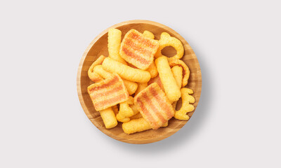 Crisps in a wooden bowl on a white background