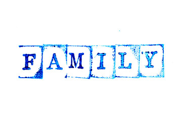 Blue ink of rubber stamp in word family on white paper background
