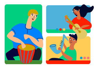 Musical band making online performance using video conferencing platform. Home concert online. Video conferencing software ad. Social distancing concept. Vector illustration in flat style