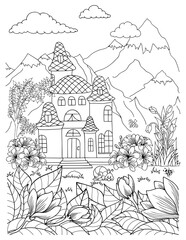 Illustration. Palace in a meadow of flowers near the mountains. Coloring book. Antistress for adults and children. The work was done in manual mode. Black and white.