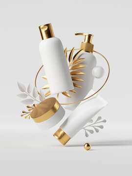 3d render, white cosmetic bottles with golden caps, isolated on white background. Beauty products and palm leaves levitate. Blank package: shampoo, soap, oil, cream, moisturizer. Commercial mockup