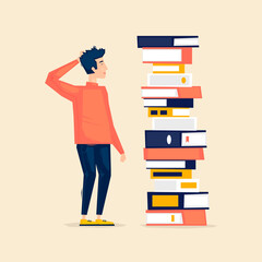 Man stands at a pile of books, a library.  Flat illustration in cartoon style. Vector.