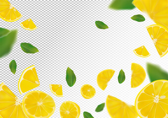Lemon background. Flying lemon with green leaf on transparent background. 3D realistic fruits. Lemon falling from different angles.Vector illustration