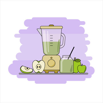 Web page design template with flat illustration with purple and green colors. Blender, green Apple, fruit puree, smoothies