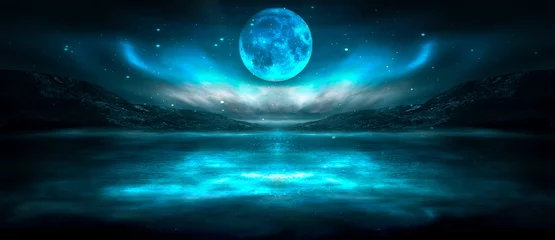 Wallpaper murals Fantasy Landscape Modern futuristic fantasy night landscape with abstract islands and night sky with space galaxies. Multicolor neon glow. Reflection of light in water, stars. Empty scene, landscape.