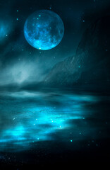 Modern futuristic fantasy night landscape with abstract islands and night sky with space galaxies. Multicolor neon glow. Reflection of light in water, stars. Empty scene, landscape.