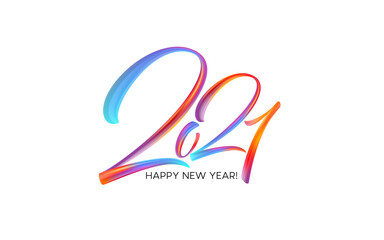 Fototapeta premium Colorful Brushstroke paint lettering calligraphy of 2021 Happy New Year background. Vector illustration