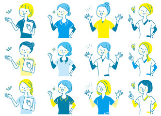 若い女性　看護師　整体師　受付　白衣　表情セット