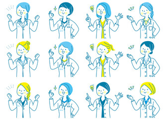 若い女性　医師　看護師　整体師　白衣　表情セット