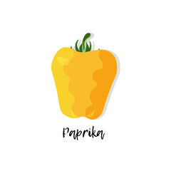 Single vegetable. Yellow paprika with green leaves. Flat style vector illustration.