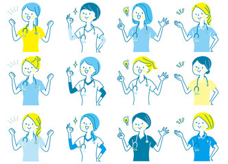 若い女性　医師　看護師　整体師　白衣　表情セット