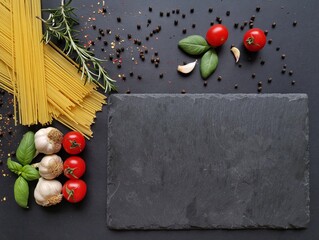 Traditional Italian cuisine. Basic ingredients for cooking pasta in the form of the Italian flag: basil, garlic, tomato, rosemary, spaghetti, peppercorn. Italian food, dark background, copy space.
