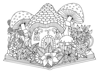 Illustration, travel to the country of fabulous books. Coloring book. Antistress for adults and children. The work was done in manual mode. Black and white.