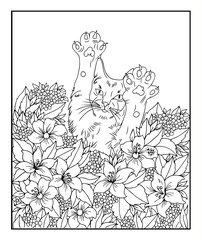 Illustration. A cat in a frame peeks out of lily flowers. Coloring book. Antistress for adults and children. The work was done in manual mode. Black and white.