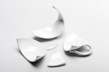 shattered white ceramic tea cup on a white background, concept on the theme of broken and ruined...