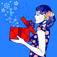 Vector Blue and White Chinese Lady in Retro Style Holding red gift box on blue background.