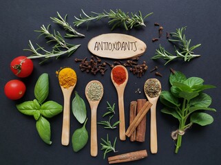 Set of various spices in wooden spoons with fresh herbs. Natural sources of antioxidants rosemary twigs, fresh green basil leaf, mint leaf, turmeric, clove, cinnamon, chili, tomato.