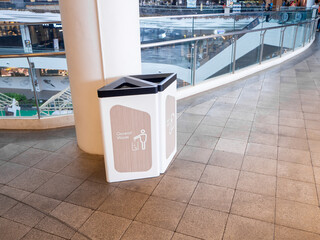 recycling bin at shopping mall, trash with icons of recycle