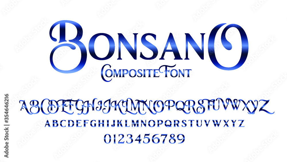 Poster vector composite font bonsano. elegant serif alphabet set. lowercase and uppercase letters as well a