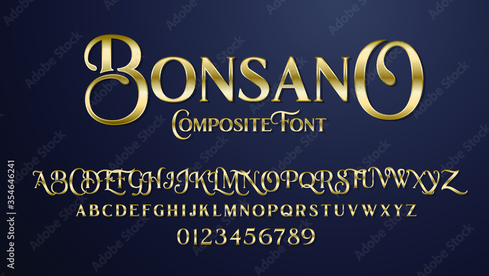 Poster vector composite font bonsano. elegant serif alphabet set. lowercase and uppercase letters as well a