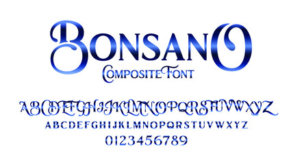 vector composite font Bonsano. elegant serif alphabet set. lowercase and uppercase letters as well as numbering from 0-9. Great for a luxury party and expensive advertising. Composite Font © Art Kovalenco