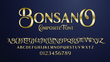vector composite font Bonsano. elegant serif alphabet set. lowercase and uppercase letters as well as numbering from 0-9. Great for a luxury party and expensive advertising. Composite Font