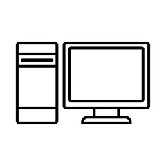 Computer icon. System unit and monitor. Front view. Black contour silhouette. Vector flat graphic illustration. Isolated object on a white background. Isolate.